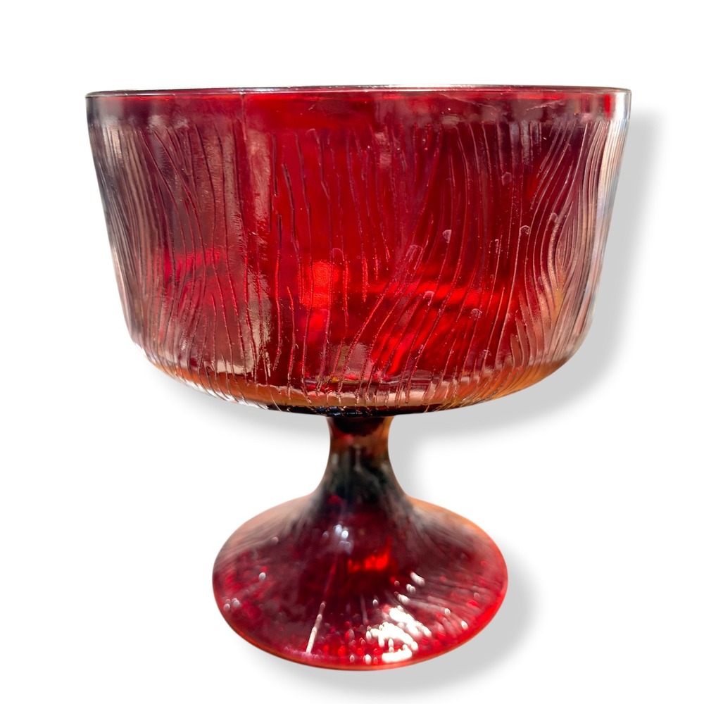 Hoosier Glass Ruby Red Wood Grain Pedestal Bowl Compote 4031 Vintage 6 Inch